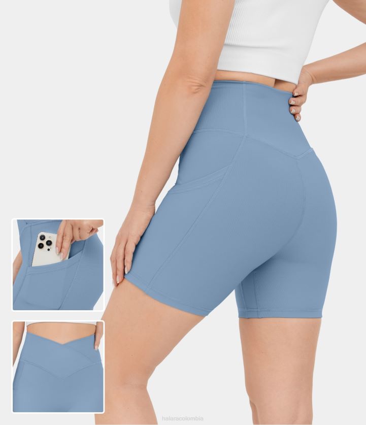 ropa activa original BBV2NZ1302 mujer Halara shorts ciclistas de yoga con bolsillo lateral cruzado y cintura alta de canalé