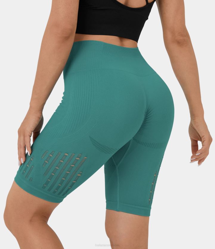 ropa activa pizarra verde-azul BBV2NZ1446 mujer Halara pantalones cortos de motociclista de yoga con corte fruncido y talle alto sin costuras, 8''