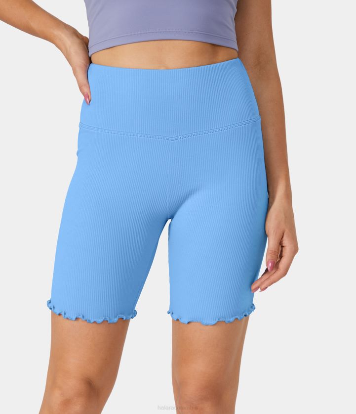 ropa activa vista azul BBV2NZ1440 mujer Halara shorts ciclistas de yoga de cintura alta con volantes y punto acanalado de 7"