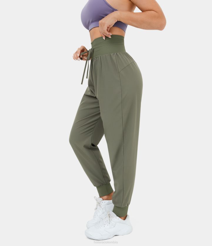 ropa activa agave verde BBV2NZ75 mujer Halara joggers casuales de canalé con cordón y cinturilla ancha de talle alto