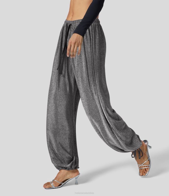 ropa activa brillo negro plata BBV2NZ27 mujer Halara joggers de fiesta metalizados con cordón y talle medio