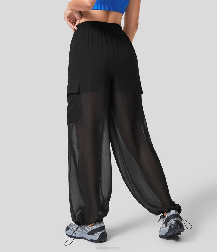 ropa activa negro BBV2NZ18 mujer Halara Joggers de senderismo transparentes con cordón ajustable 2 en 1 de malla en contraste con bolsillo cargo de talle alto