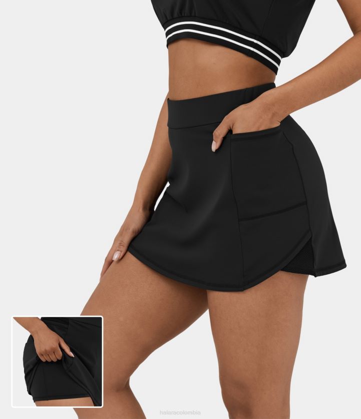 ropa activa negro BBV2NZ614 mujer Halara softlyzero Minifalda casual 2 en 1 de corte A, aireada, cintura alta, bolsillo lateral de malla en contraste, dobladillo curvo