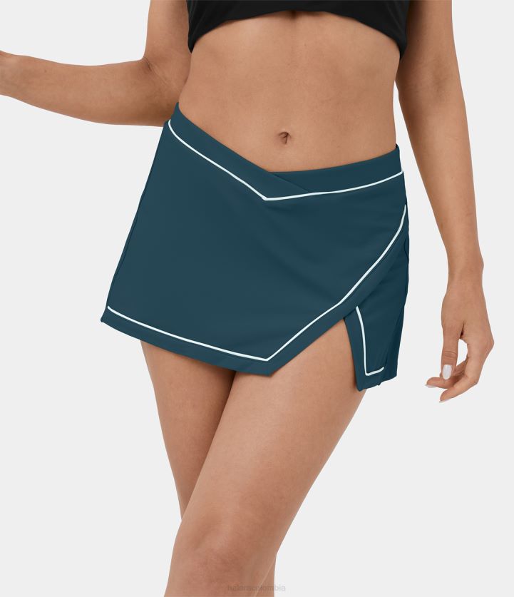ropa activa tinta verde BBV2NZ615 mujer Halara Softlyzero Minifalda de baile con abertura 2 en 1, aireada, tiro bajo, cruzada, cinturilla en forma de V, ribete en contraste
