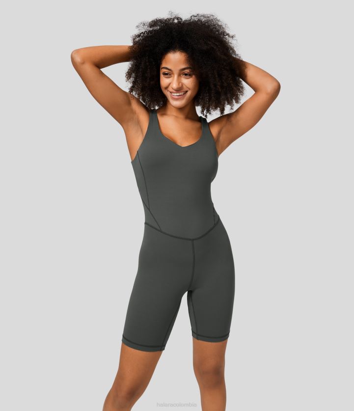 ropa activa gris jade oscuro BBV2NZ2098 mujer Halara Mono de yoga acolchado con cuello en V y espalda descubierta