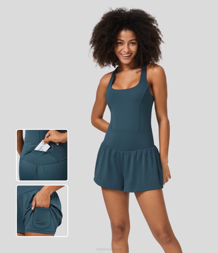 ropa activa mayólica azul BBV2NZ2097 mujer Halara Mono de yoga 2 en 1 con cuello cuadrado, espalda descubierta y lágrima retorcida, con bolsillo lateral y trasero