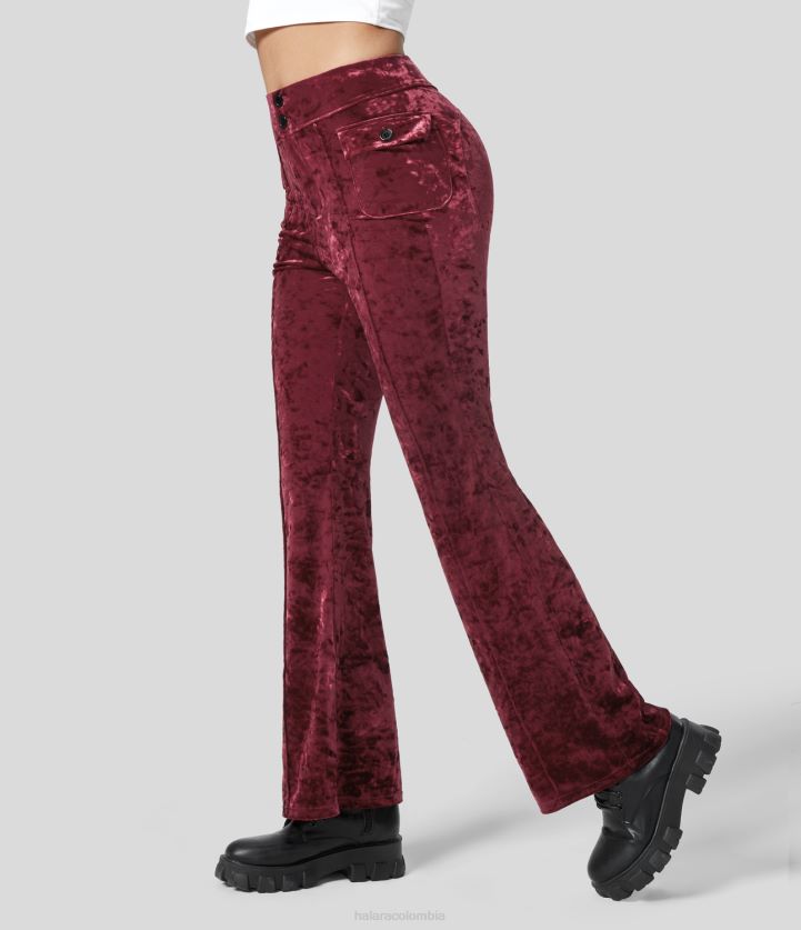 ropa activa borgoña BBV2NZ379 mujer Halara pantalones acampanados informales de terciopelo de longitud completa con bolsillo lateral con solapa y botones de talle alto