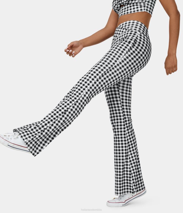 ropa activa cuadros blancos y negros BBV2NZ301 mujer Halara pantalones súper acampanados informales a cuadros vintage cruzados de cintura alta