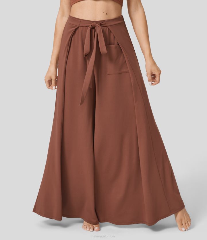 ropa activa miel de maple BBV2NZ188 mujer Halara pantalones casuales fluidos de pierna ancha y bolsillo lateral delantero con lazo de cintura alta