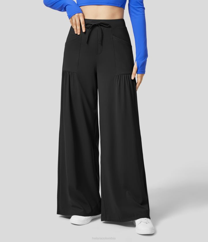 ropa activa negro BBV2NZ133 mujer Halara pantalones de yoga de pierna ancha con pliegues y múltiples bolsillos con cordón y talle alto