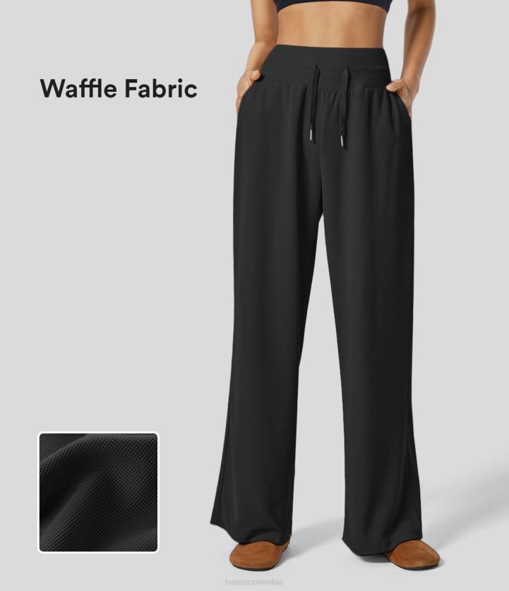 ropa activa negro BBV2NZ149 mujer Halara pantalones casuales de pernera ancha estilo waffle con bolsillo lateral con cordón y talle alto