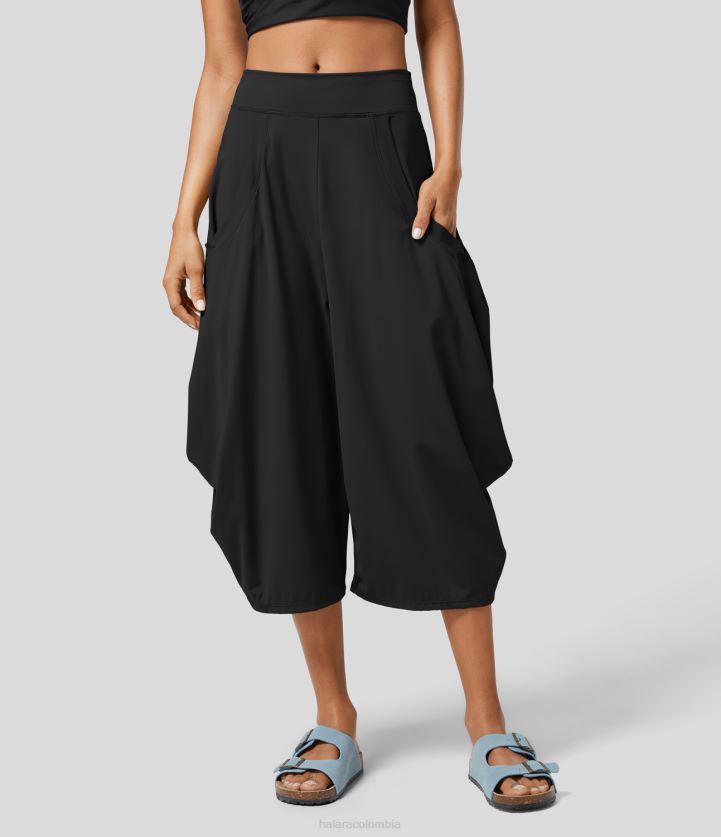 ropa activa negro BBV2NZ165 mujer Halara pantalones de yoga de pierna ancha capri drapeados con múltiples bolsillos y talle medio