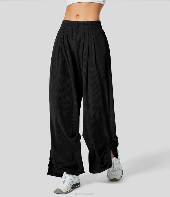 ropa activa negro BBV2NZ183 mujer Halara Pantalones de pierna ancha informales de pana con dobladillo dividido fruncido y bolsillo lateral con cinturilla elástica de talle medio