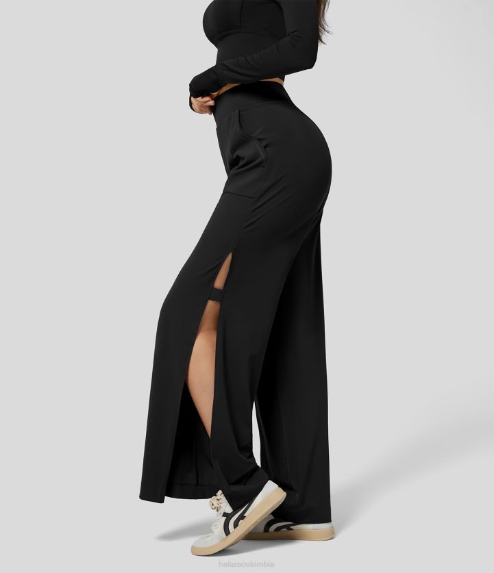 ropa activa negro BBV2NZ194 mujer Halara pantalones de yoga de pierna ancha y abertura con bolsillo lateral y talle alto ecológicos de softlyzero
