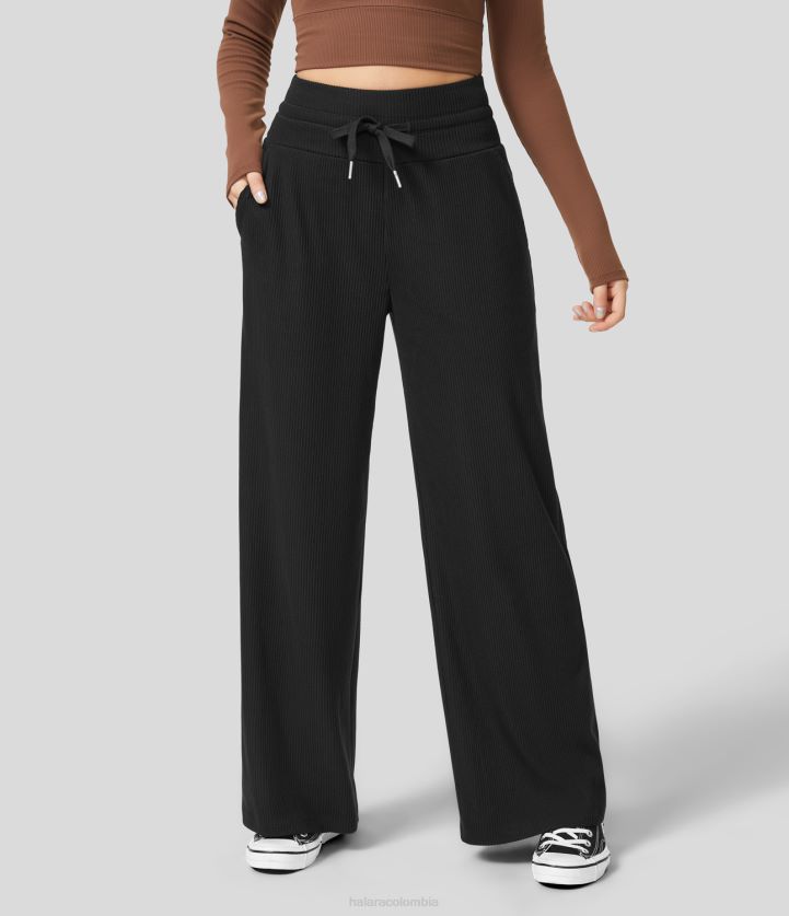 ropa activa negro BBV2NZ227 mujer Halara pantalones casuales de pernera ancha con bolsillo lateral con cordón y talle alto de punto acanalado
