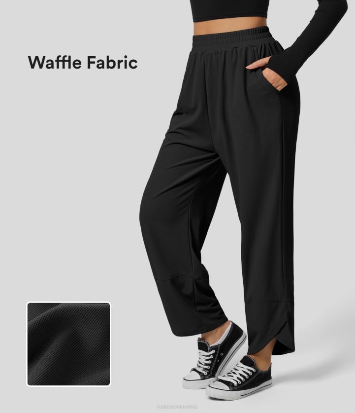 ropa activa negro BBV2NZ462 mujer Halara pantalones casuales de pierna recta tipo waffle liso con dobladillo cruzado y bolsillo lateral con cintura elástica y cintura alta