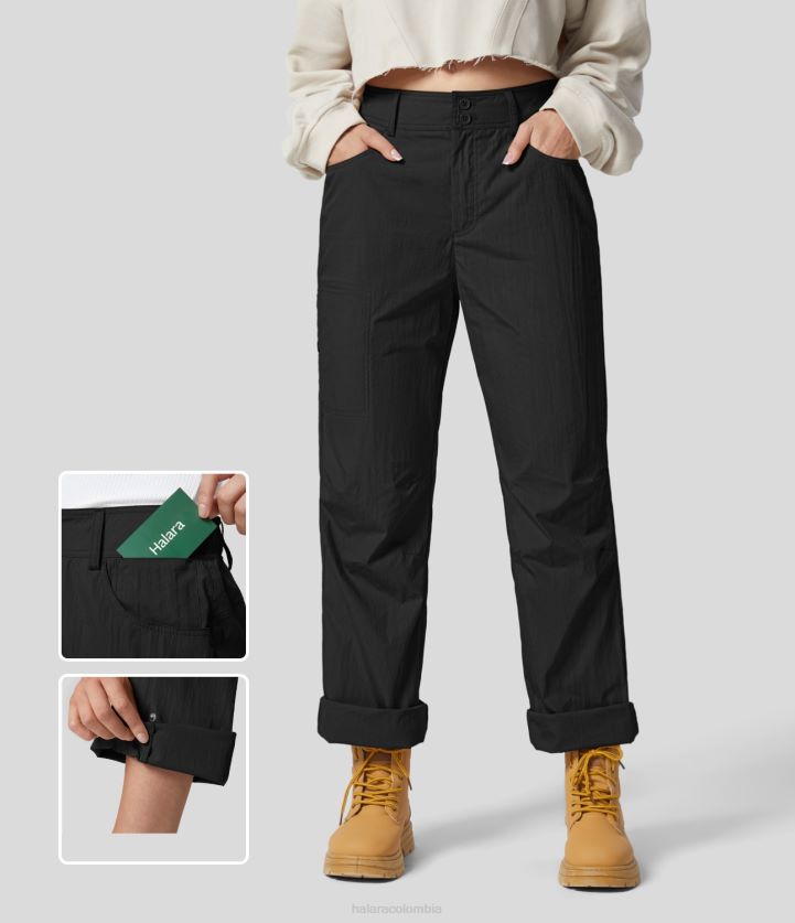 ropa activa negro BBV2NZ486 mujer Halara pantalones de algodón para senderismo con múltiples bolsillos y cremallera con botones y talle medio