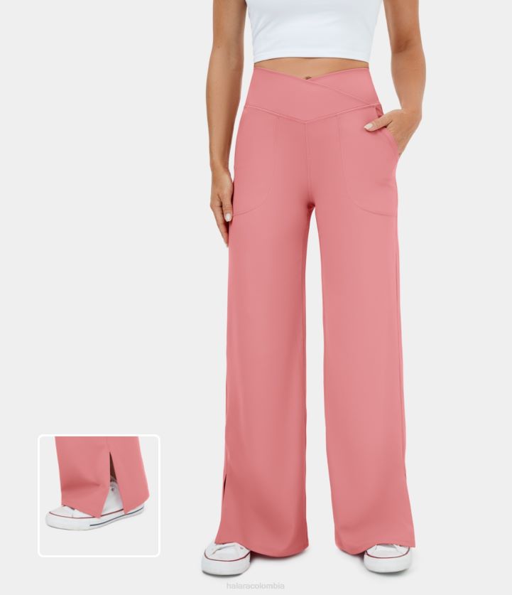 ropa activa rosa caramelo BBV2NZ120 mujer Halara Pantalones de yoga de pierna ancha con bolsillo cruzado y dobladillo dividido-smile