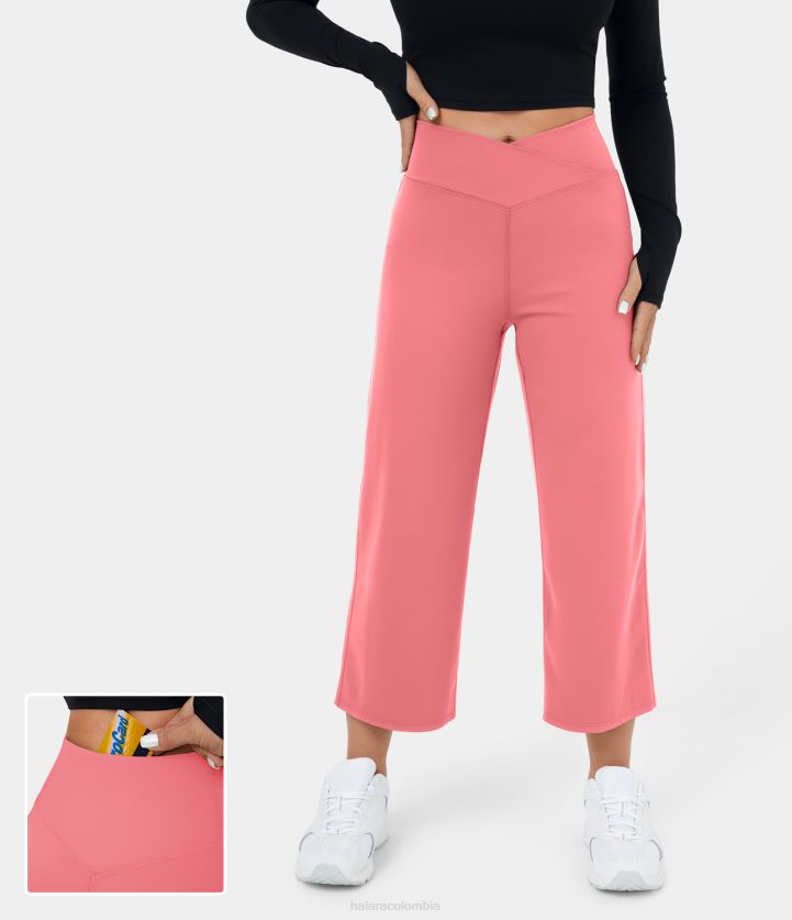 ropa activa rosa caramelo BBV2NZ160 mujer Halara pantalones de yoga capri cruzados de talle alto con bolsillo trasero y pernera ancha