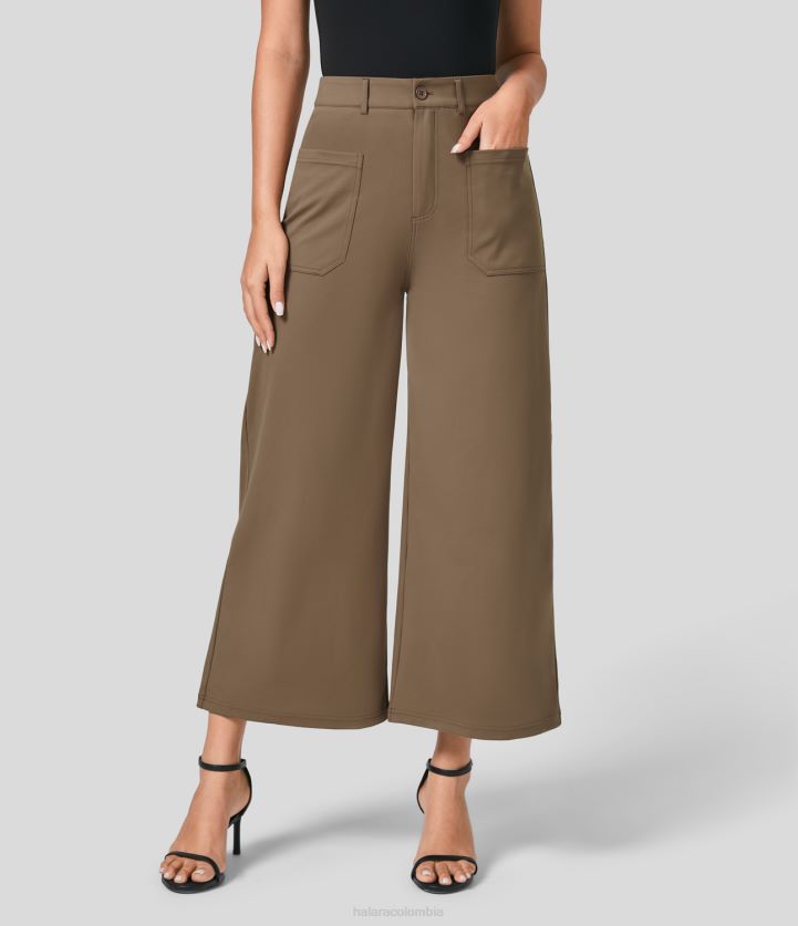 ropa activa sepia BBV2NZ145 mujer Halara pantalones de trabajo de pierna ancha con múltiples bolsillos y cremallera con botones de cintura alta