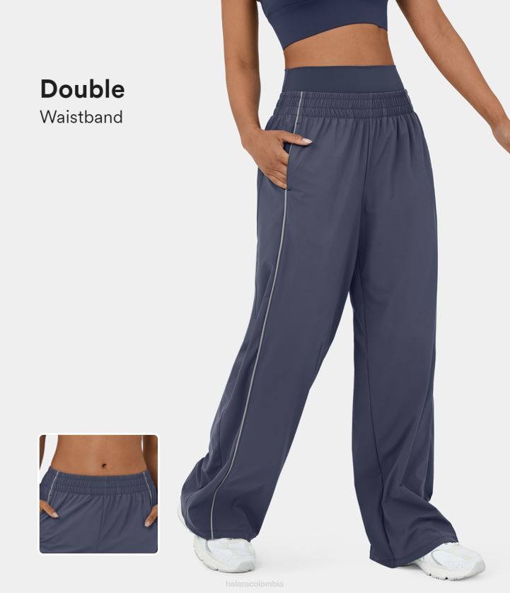 ropa activa sombra de noche azul BBV2NZ171 mujer Halara pantalones casuales de pernera ancha con ribete en contraste y bolsillo lateral con doble cintura