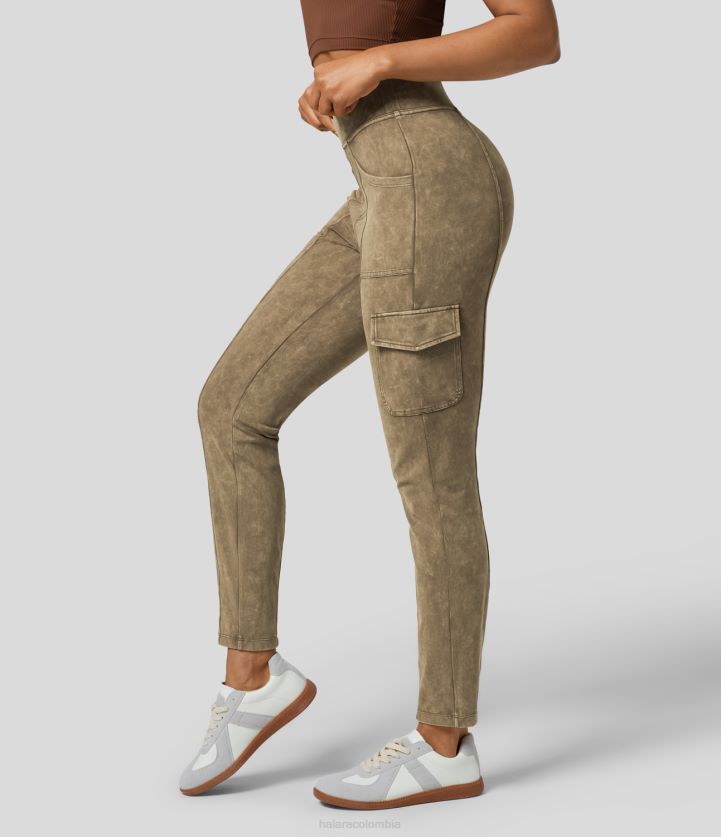 ropa activa teñido de marrón amarillo BBV2NZ276 mujer Halara pantalones cargo informales lavados con múltiples bolsillos y cintura alta