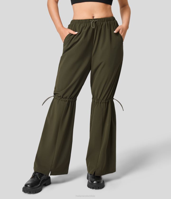 ropa activa verde crepusculo BBV2NZ211 mujer Halara pantalones de pierna ancha para correr con cordón ajustable y bolsillo lateral de talle medio