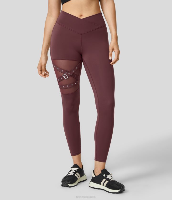 ropa activa caoba roja BBV2NZ1552 mujer Halara leggings de yoga con hebilla decorativa de malla en contraste cruzada de talle alto