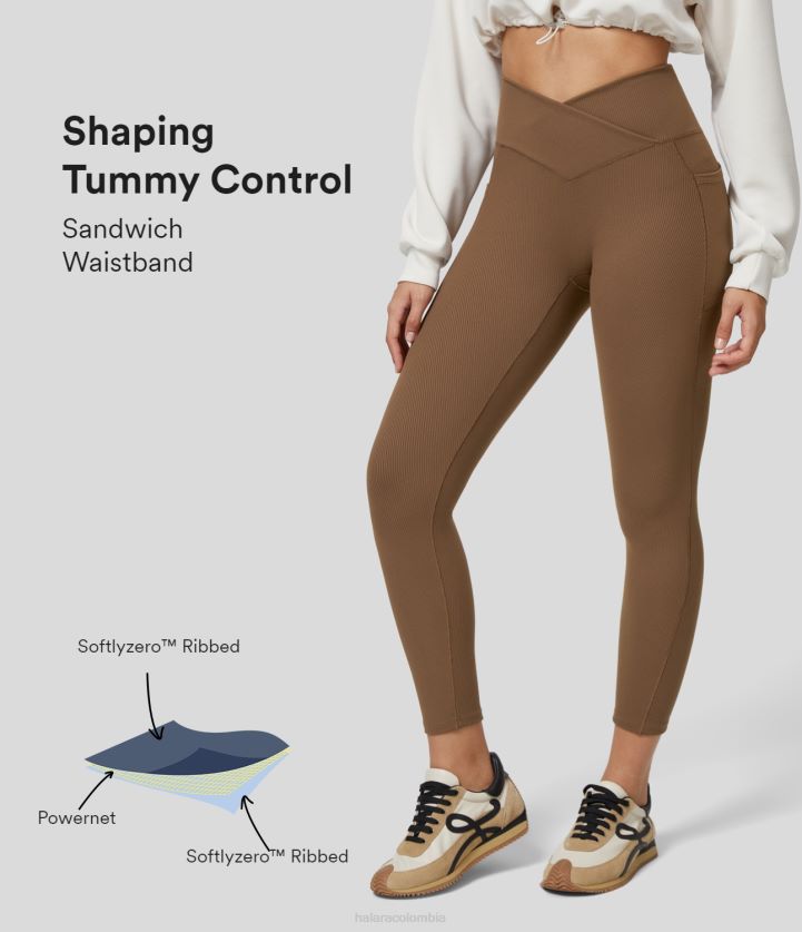 ropa activa caramelo BBV2NZ1466 mujer Halara leggings 7/8 de yoga lisos con bolsillo lateral cruzado y control de barriga de cintura alta de canalé de softlyzero