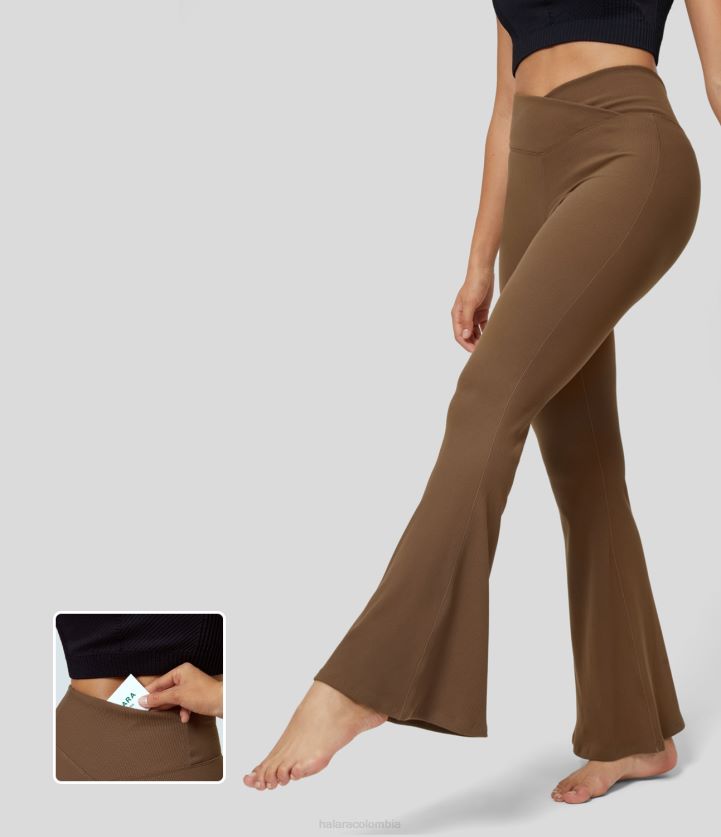 ropa activa caramelo BBV2NZ369 mujer Halara leggings acampanados de yoga lisos con bolsillo trasero y talle alto cruzados de canalé de softlyzero