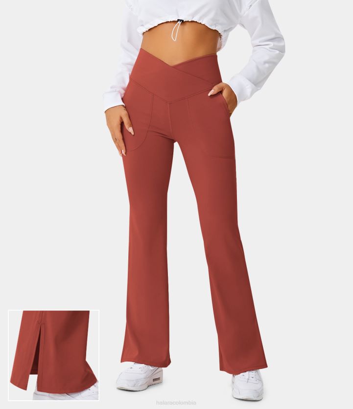 ropa activa cinabrio BBV2NZ347 mujer Halara Leggings acampanados largos con dobladillo dividido y bolsillo cruzado - Smile