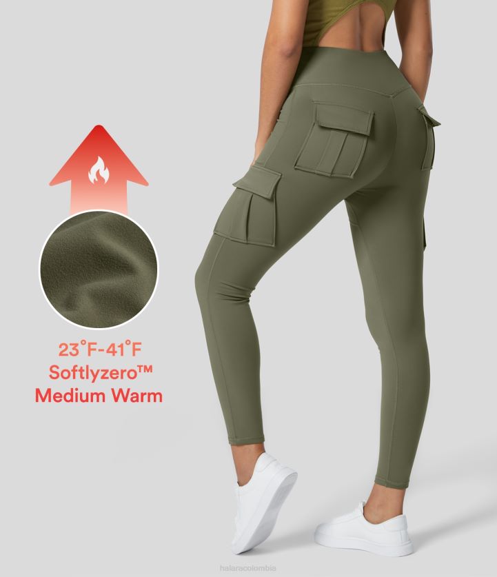 ropa activa hierba gris verde BBV2NZ283 mujer Halara Leggings de yoga ajustados de 7/8 con bolsillo cargo y talle alto de polar de softlyzero