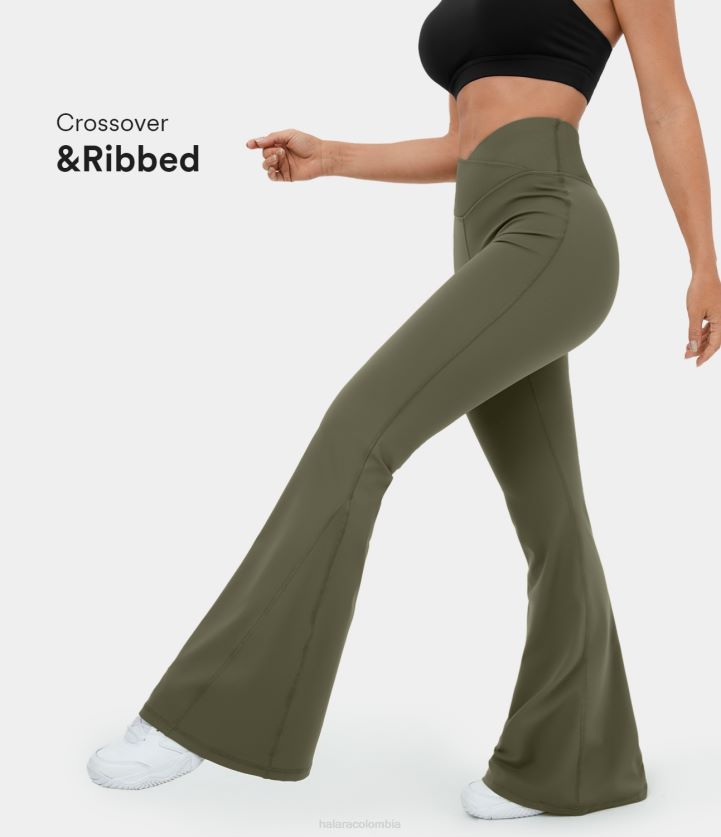 ropa activa hierba gris verde BBV2NZ313 mujer Halara Leggings de yoga súper acampanados de canalé cruzados de talle alto de felpa de Softlyzero