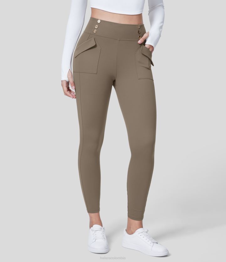 ropa activa marrón heno BBV2NZ1489 mujer Halara Leggings 7/8 de yoga con bolsillo lateral con botón decorativo y control de barriga de talle alto
