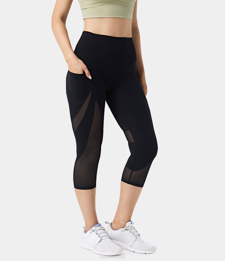 ropa activa negro BBV2NZ1510 mujer Halara leggings capri lisos con bolsillo lateral de malla en contraste y talle alto de softlyzero
