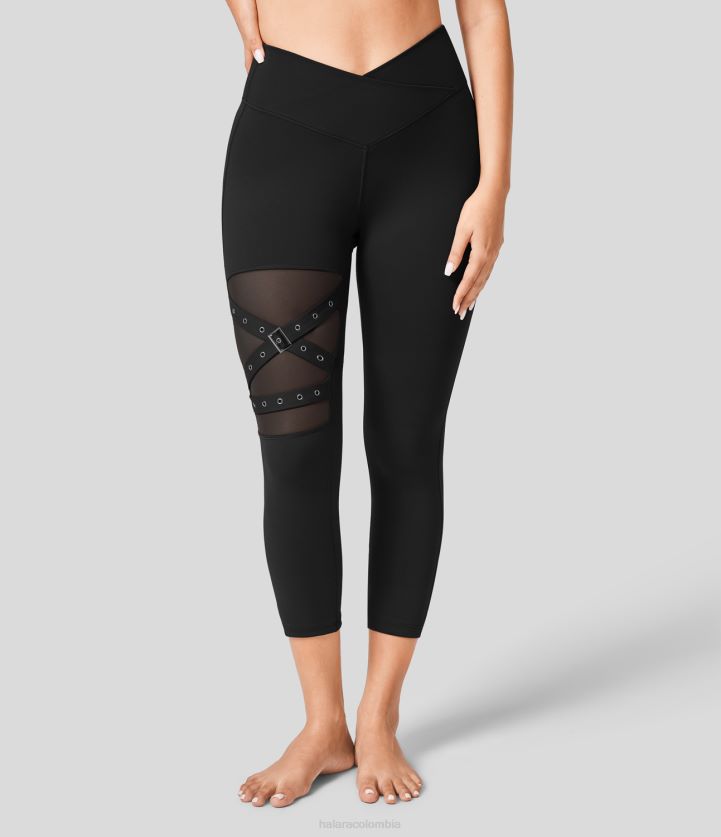 ropa activa negro BBV2NZ1554 mujer Halara leggings capri de yoga con hebilla decorativa de malla en contraste cruzada de talle alto