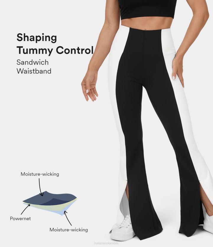 ropa activa negro BBV2NZ315 mujer Halara leggings casuales acampanados con bloques de color y dobladillo dividido con control de barriga de talle alto