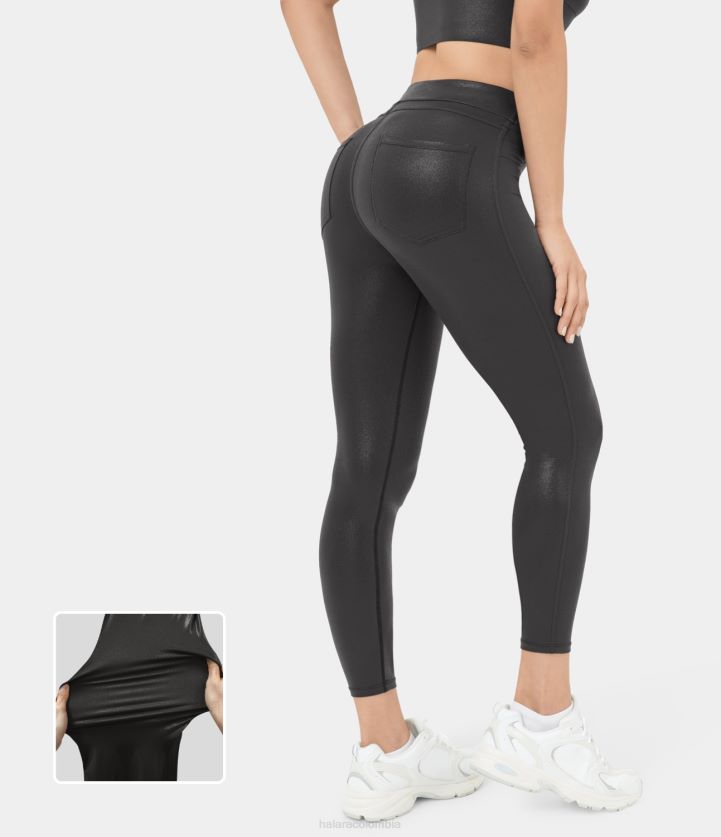 ropa activa negro brillante anochecer BBV2NZ1499 mujer Halara leggings de trabajo con bolsillo lateral trasero y talle alto de piel sintética de softlyzero