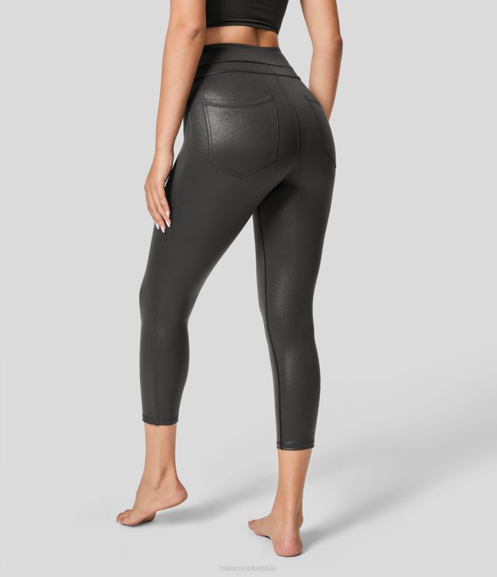 ropa activa negro brillante anochecer BBV2NZ1541 mujer Halara Leggings de yoga capri elásticos con estampado metalizado y bolsillo lateral trasero de talle alto de cuero sintético de softlyzero