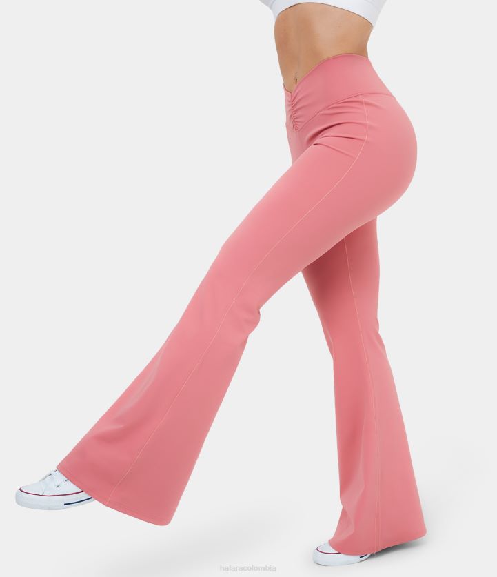 ropa activa rosa caramelo BBV2NZ311 mujer Halara Leggings de yoga acampanados con bolsillo trasero fruncido en forma de V y cintura alta