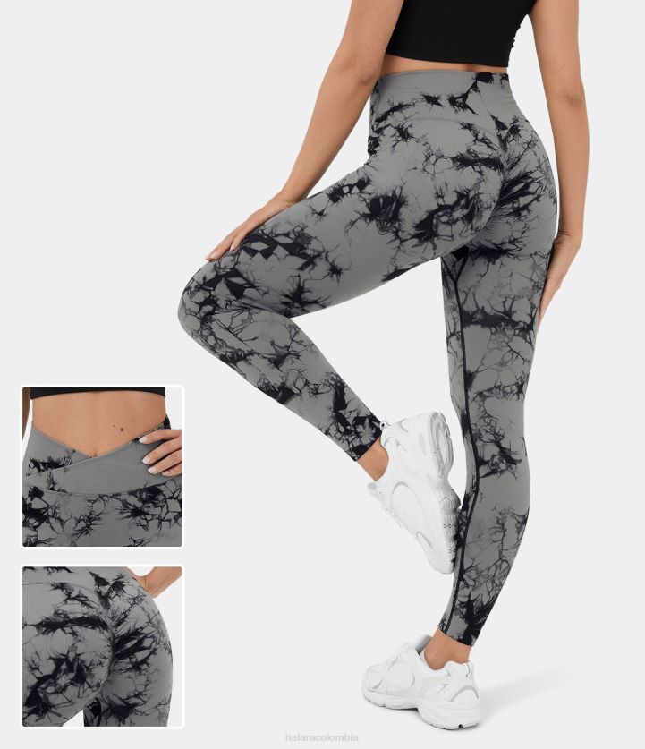 ropa activa teñido anudado negro gris BBV2NZ1558 mujer Halara leggings de yoga con efecto tie-dye, fruncidos, cruzados, de talle alto, fluidos y sin costuras