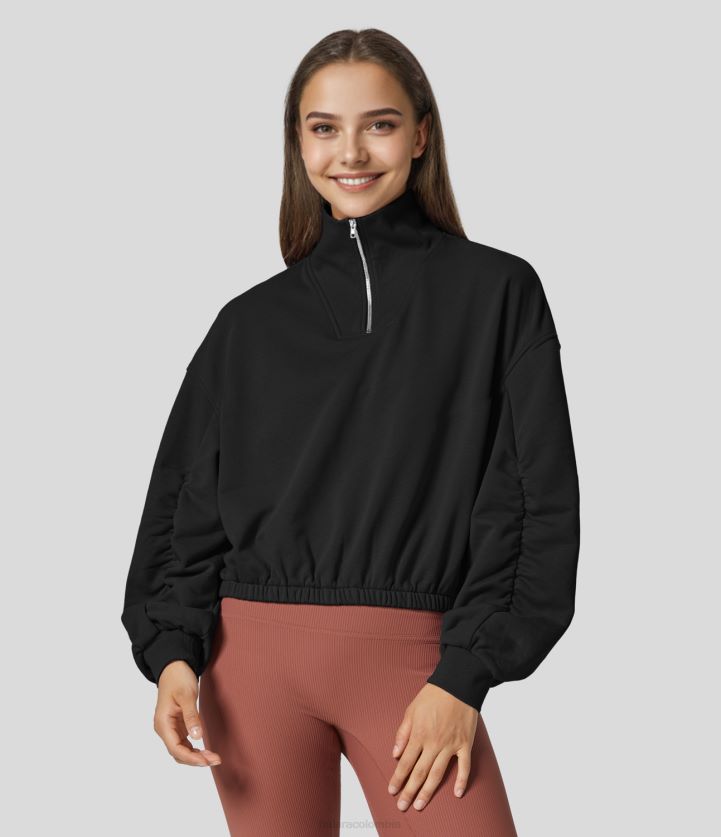 ropa activa estrella hundiéndose negro BBV2NZ1990 mujer Halara Sudadera deportiva de algodón para senderismo, manga larga, fruncida, con cuello alzado y media cremallera