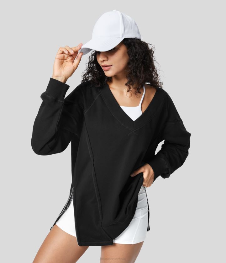 ropa activa estrella hundiéndose negro BBV2NZ1996 mujer Halara Sudadera deportiva informal de algodón con cuello en V, manga larga, dobladillo con cremallera ajustable