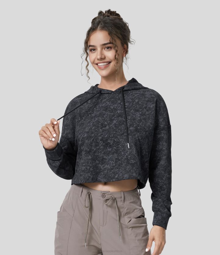 ropa activa gris humo oscuro BBV2NZ1963 mujer Halara Sudadera deportiva informal de algodón lavada y recortada con hombros caídos y capucha con cordón