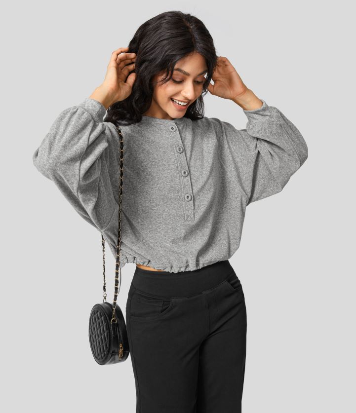 ropa activa gris oscuro moteado BBV2NZ2015 mujer Halara sudadera casual con botones, manga raglán, dobladillo con cordón ajustable