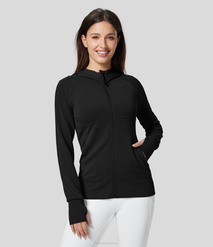 ropa activa negro BBV2NZ2005 mujer Halara Sudadera deportiva informal ajustada con cremallera y bolsillo lateral con orificio para el pulgar y manga raglán con capucha