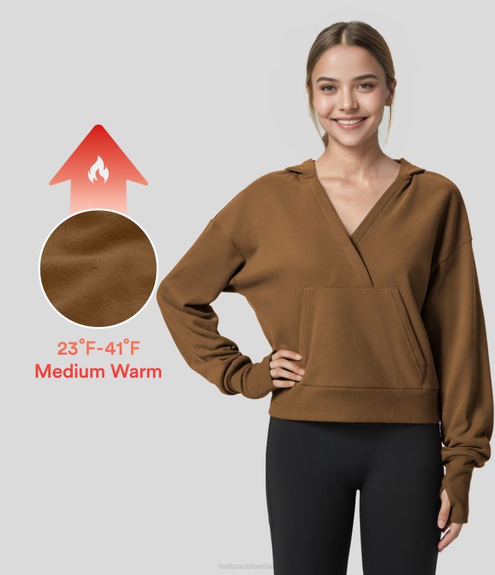 ropa activa túnica de monje BBV2NZ2014 mujer Halara sudadera de algodón con cuello en v, capucha, hombro caído, orificio para el pulgar, bolsillo canguro, polar, yoga