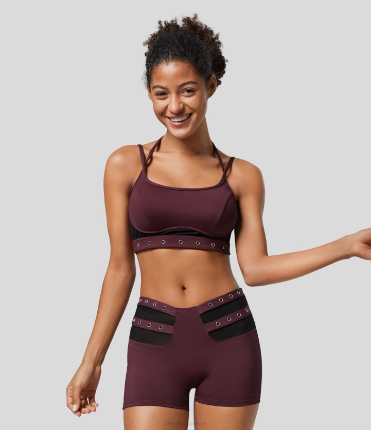 ropa activa baya roja BBV2NZ1596 mujer Halara Softlyzero-Sujetador deportivo informal, aireado, con soporte bajo, espalda descubierta, malla en contraste, ojales, recortado, tacto fresco