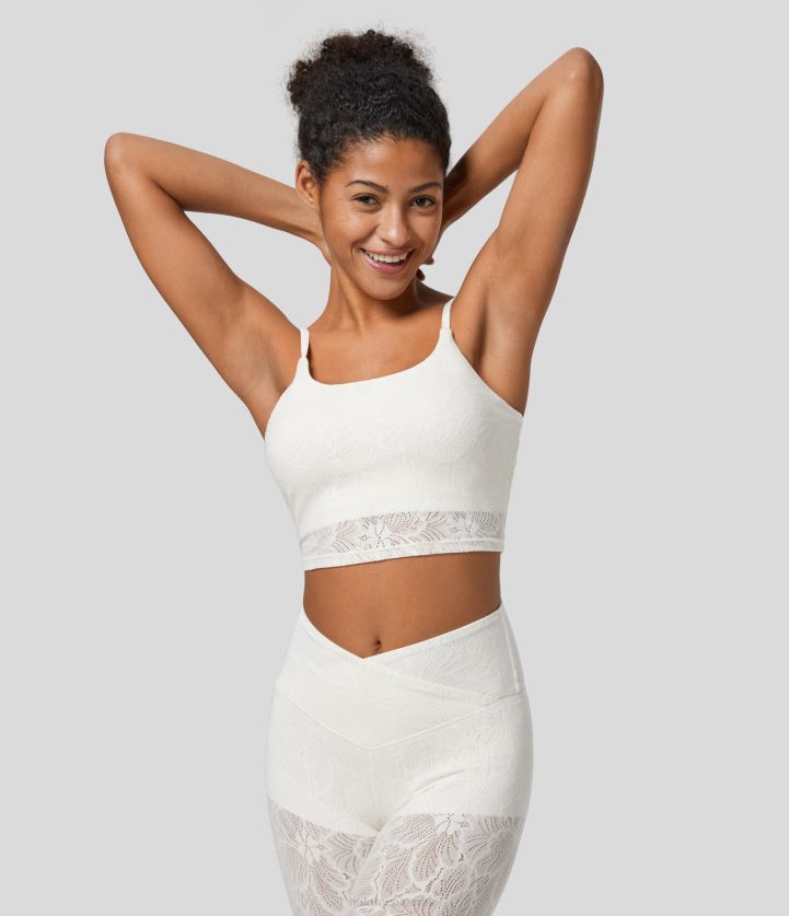 ropa activa blanco BBV2NZ1579 mujer Halara sujetador deportivo de yoga recortado con superposición de encaje de soporte bajo