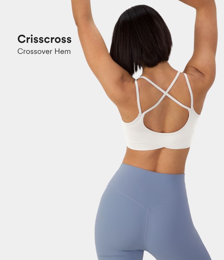 ropa activa blanco BBV2NZ1604 mujer Halara Softlyzero sujetador deportivo de felpa con sujeción baja, espalda descubierta, tirantes finos cruzados, dobladillo cruzado